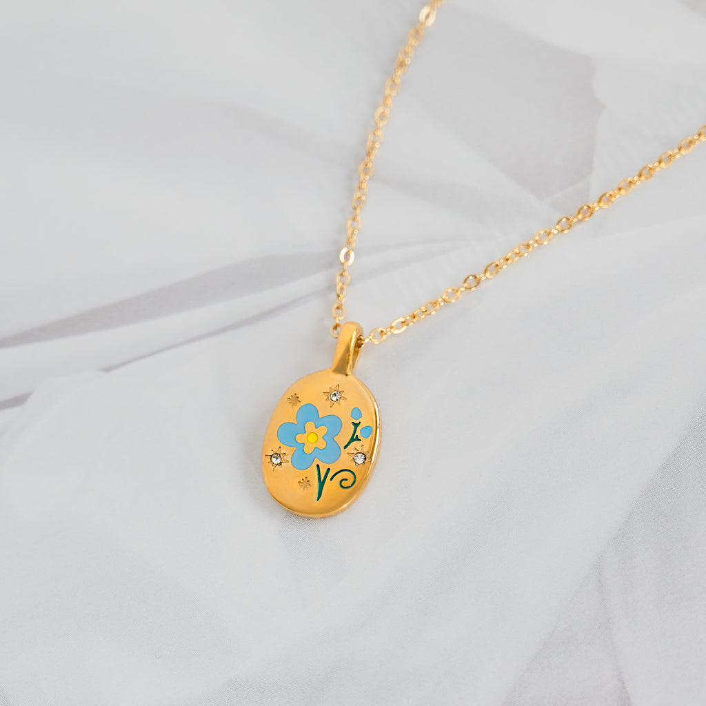 Blue Flower Gold Charm Necklace Non Tarnish