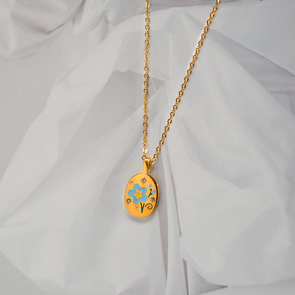 Blue Flower Gold Charm Necklace Non Tarnish