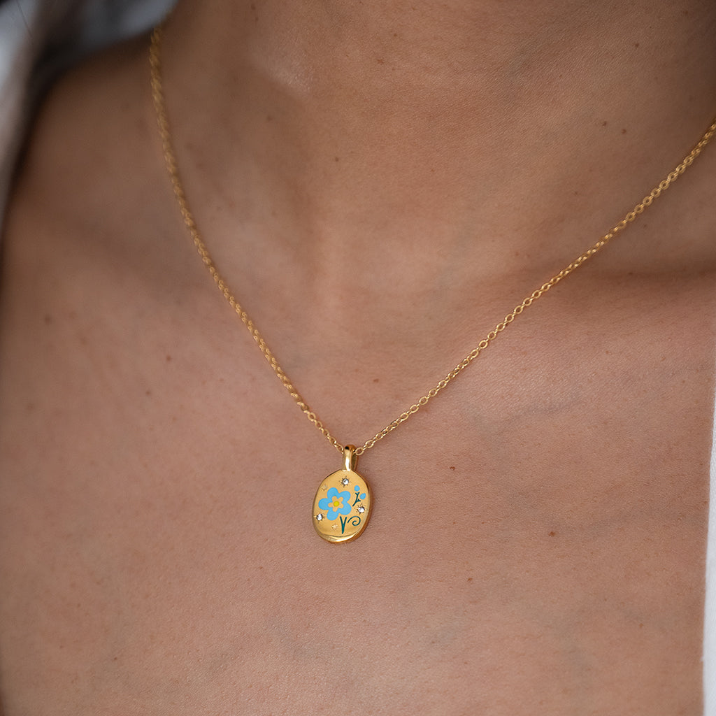 Blue Flower Gold Charm Necklace Non Tarnish