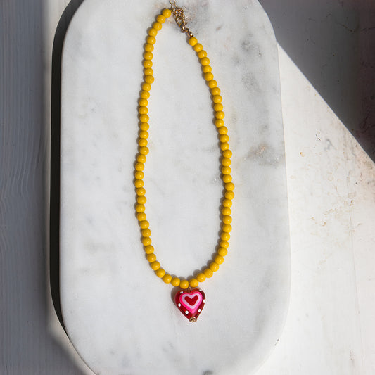 Yellow Bead Pink Heart Necklace