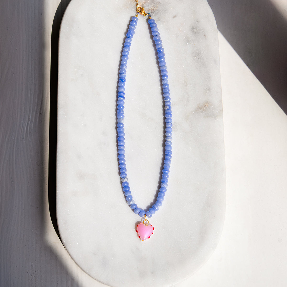 Blue Agate Bead Necklace With Pink Heart