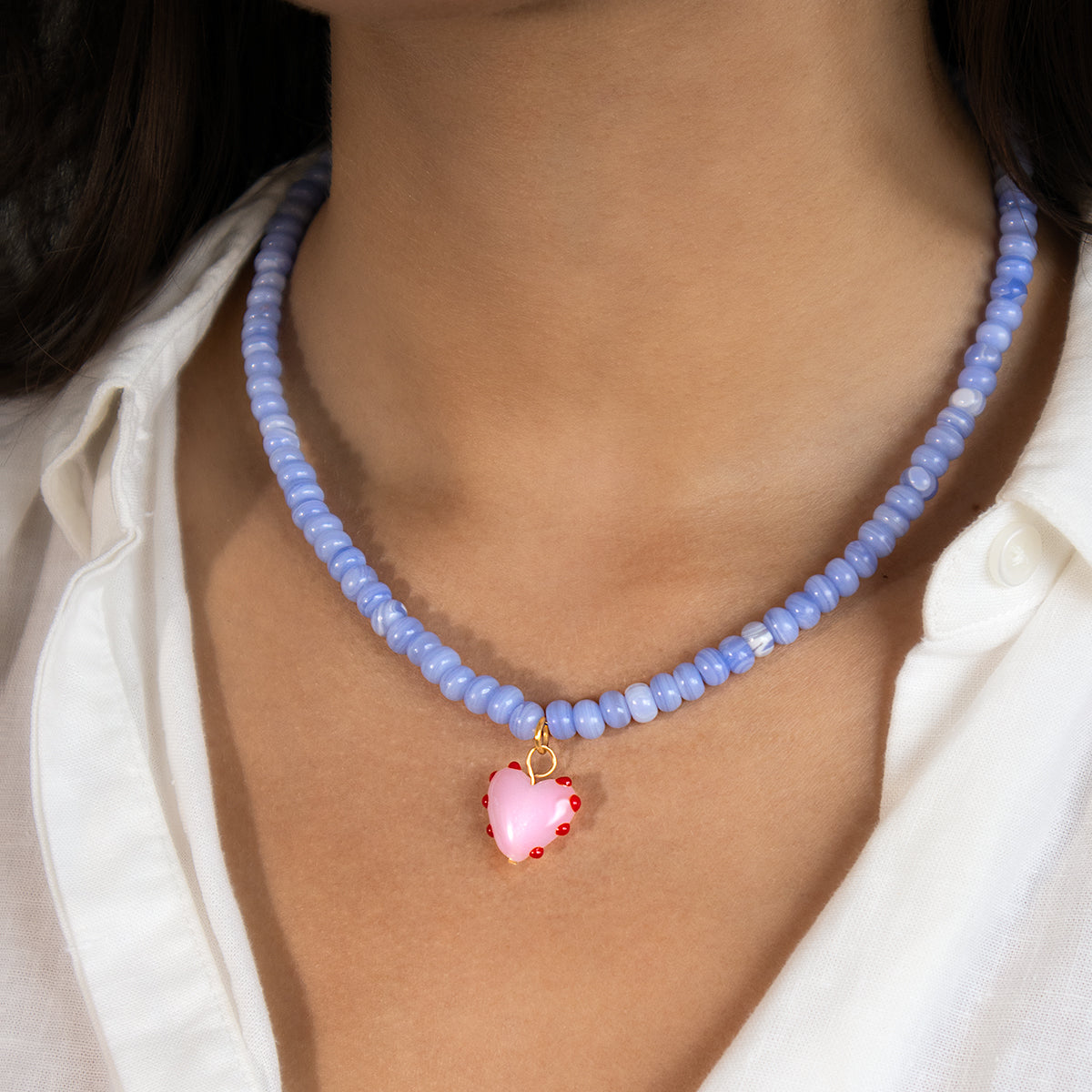 Blue Agate Bead Necklace With Pink Heart