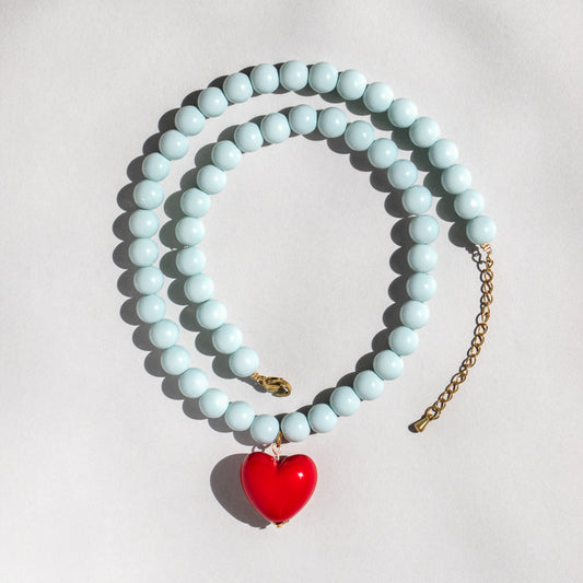 Powder Blue Bead Necklace with Red Heart