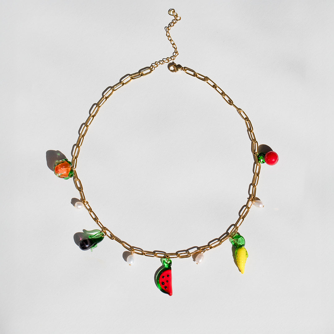 Fruit And Pearl Charm Necklace