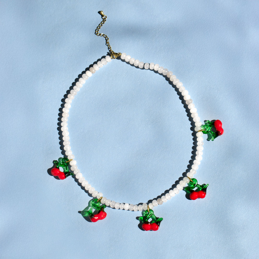Moonstone Bead And Cherry Charm Necklace