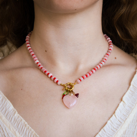 Gemstone Rose Quartz Heart Gingham Necklace