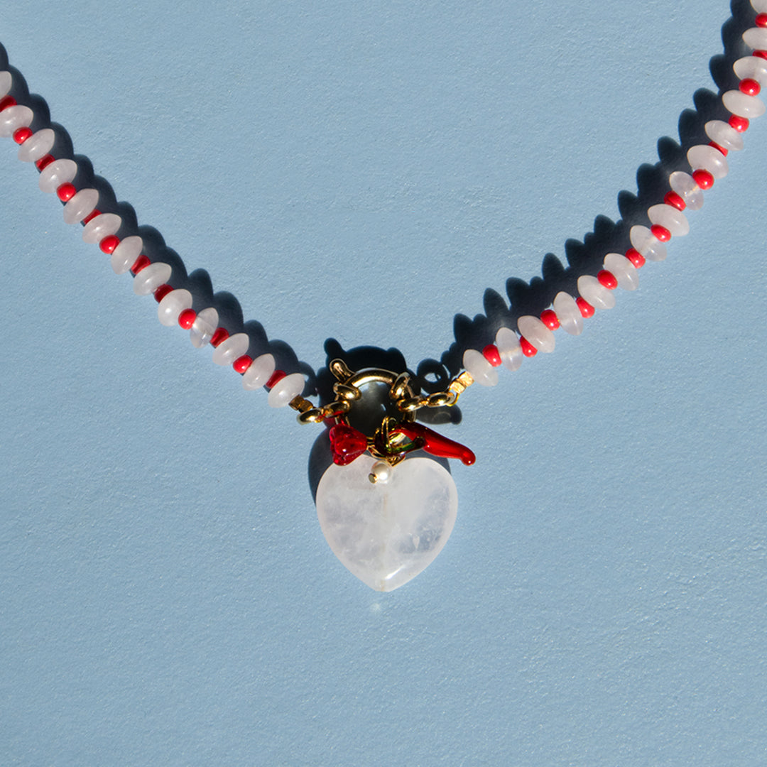 Gemstone Rose Quartz Heart Gingham Necklace