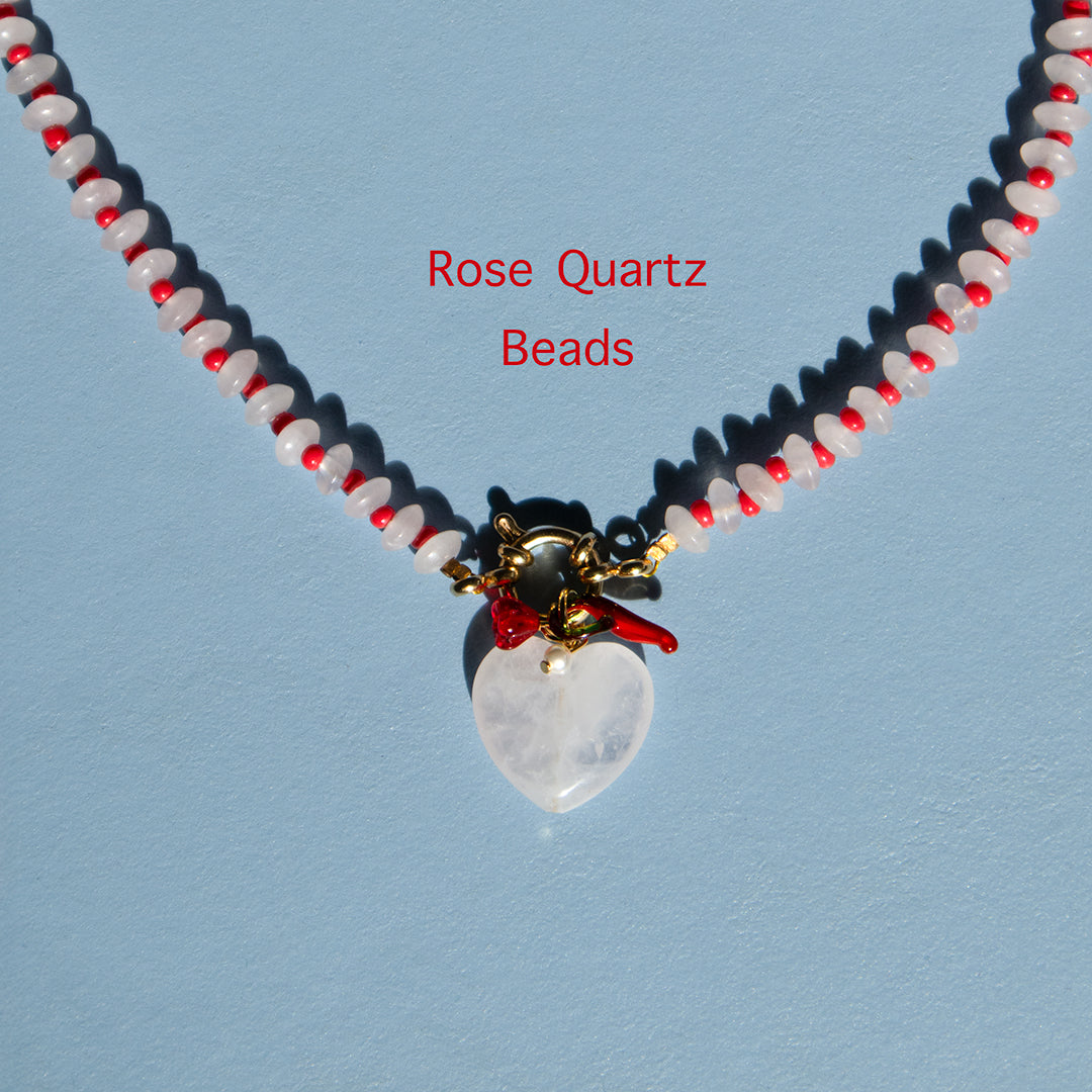 Gemstone Rose Quartz Heart Gingham Necklace