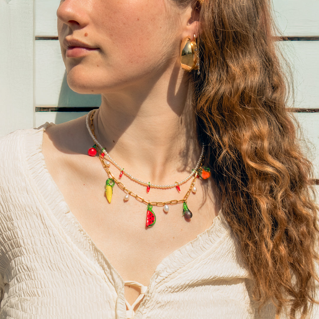 Chilli Pearl and Fruit Charm Necklace Set of 2