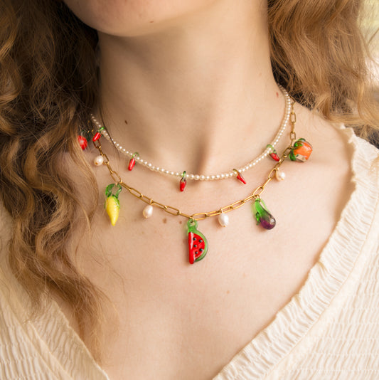 Chilli Pearl and Fruit Charm Necklace Set of 2