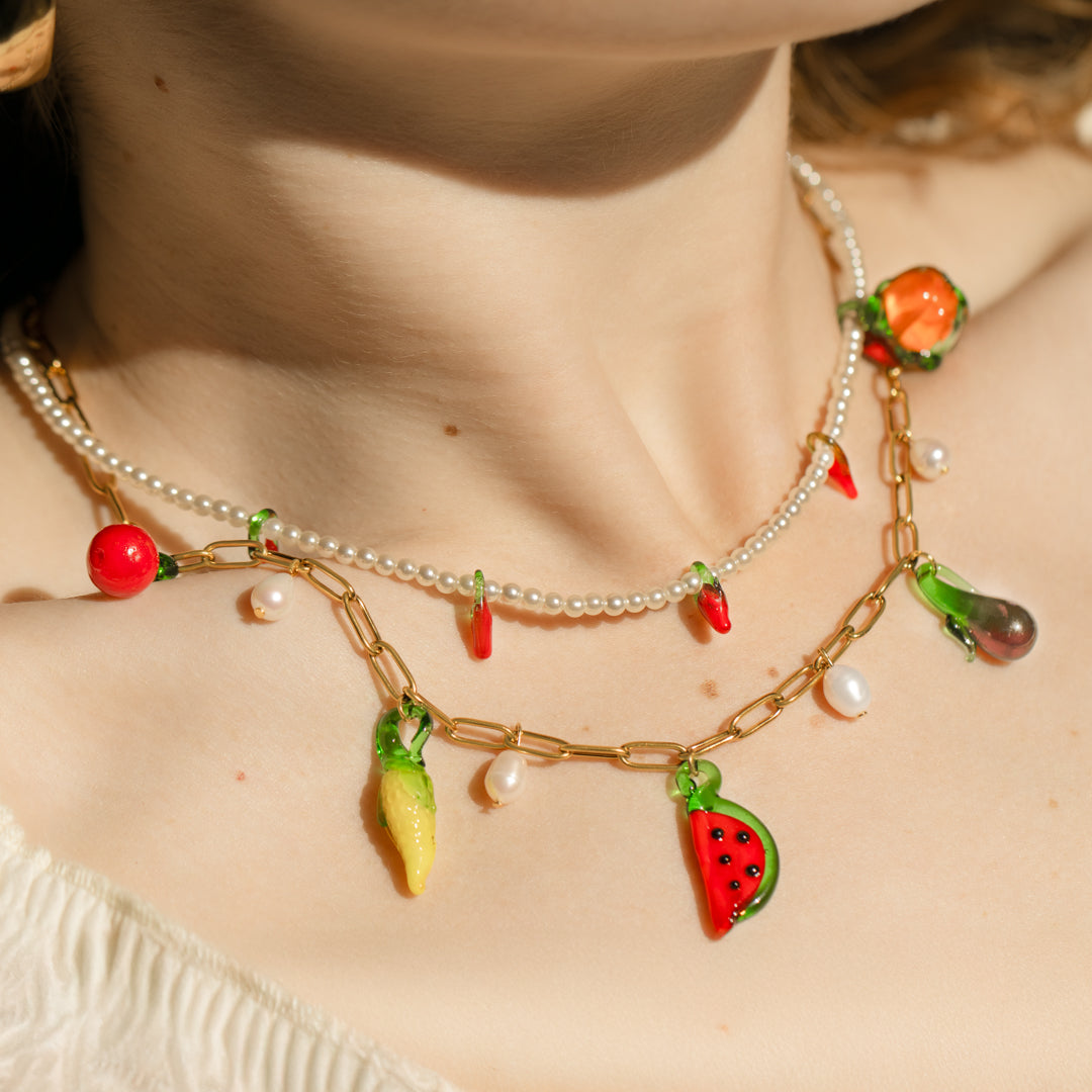 Chilli Pearl and Fruit Charm Necklace Set of 2