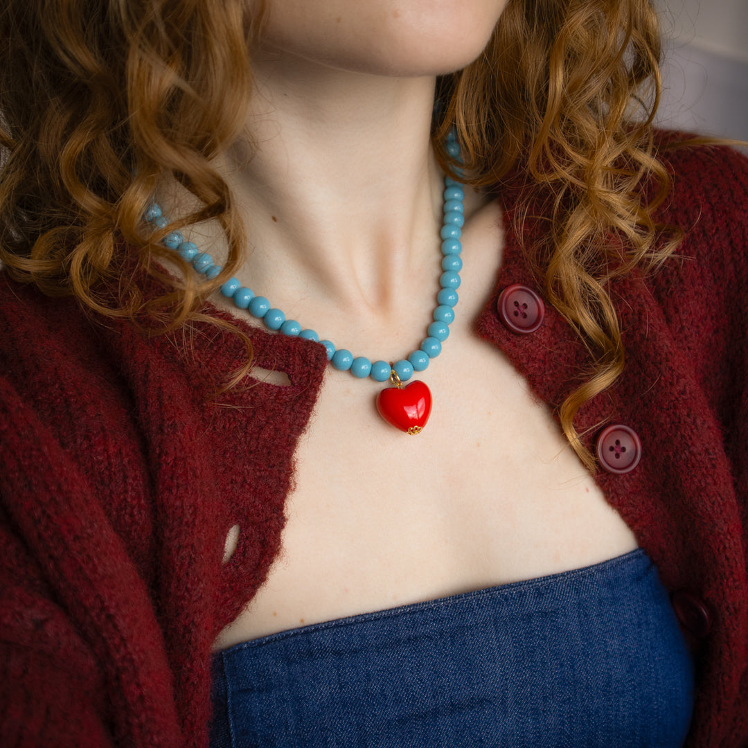 Turquoise Bead And Red Heart Necklace