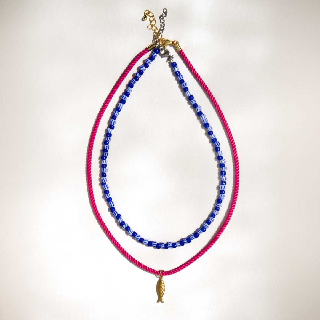 Blue Stripe Bead and Fish Rope Necklace Set of 2