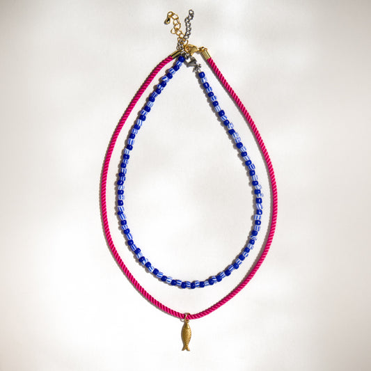 Blue Stripe Bead and Fish Rope Necklace Set of 2