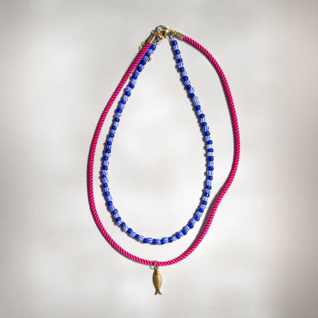 Blue Stripe Bead and Fish Rope Necklace Set of 2