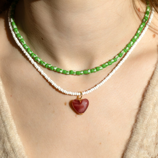 Green and White Bead with Pink Heart Necklace Set of 2