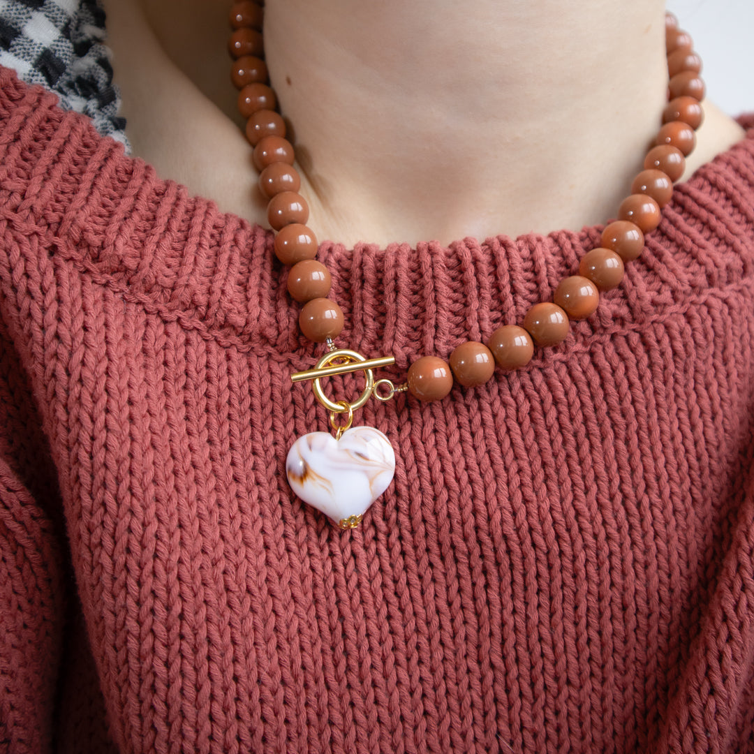 Mocca Bead and Cream Heart Necklace
