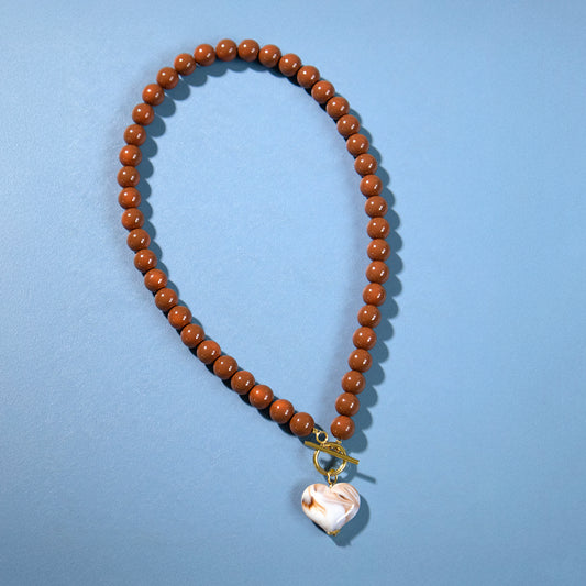 Mocca Bead and Cream Heart Necklace