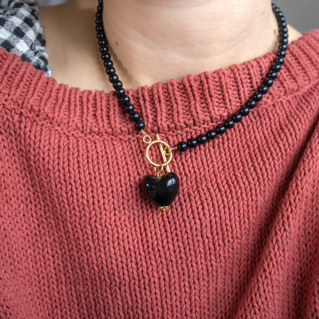 Black Bead and Heart Toggle Necklace