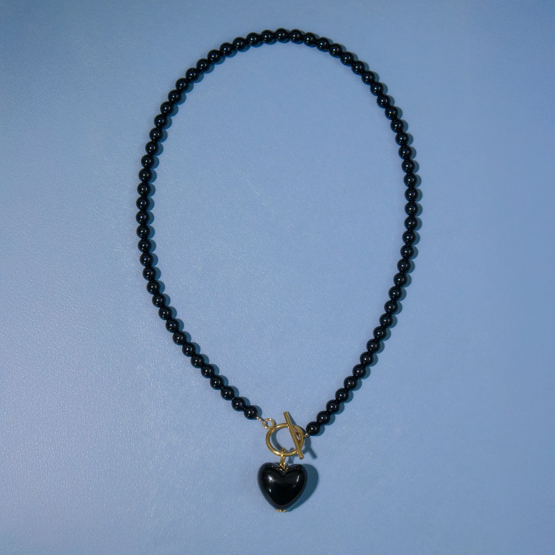 Black Bead and Heart Toggle Necklace
