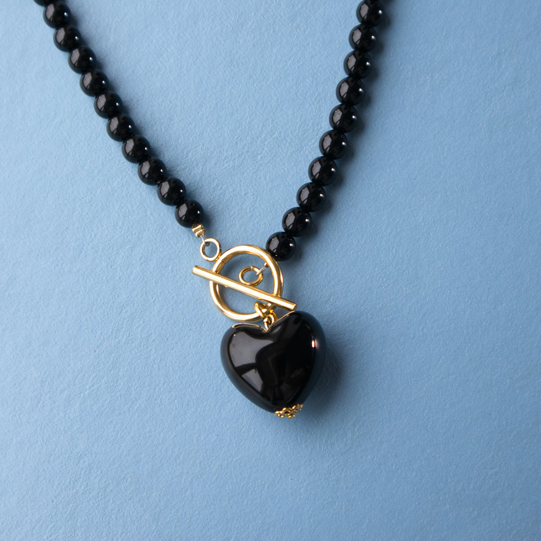Black Bead and Heart Toggle Necklace