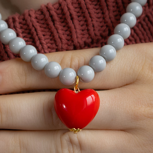 Pastel Grey Bead and Red Heart Necklace