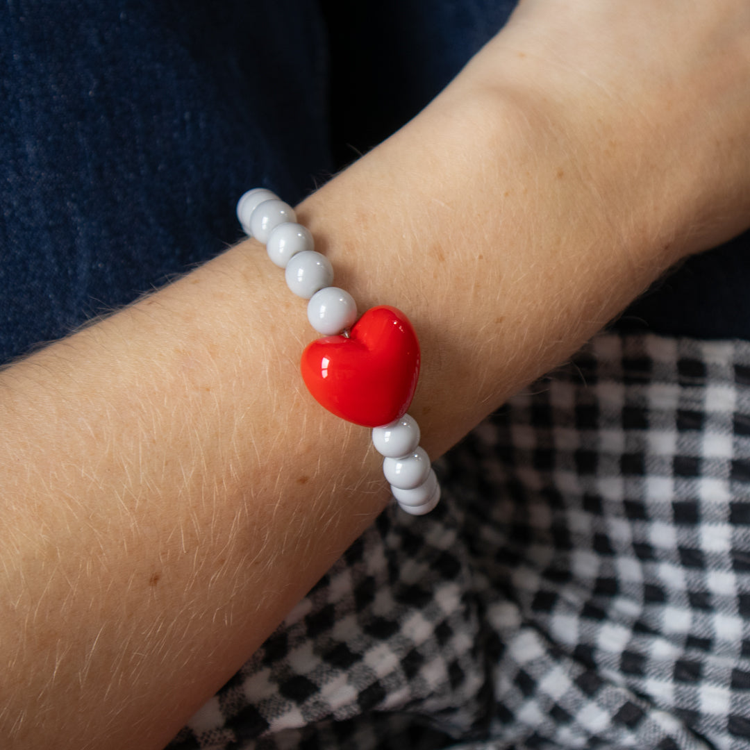 Pastel Grey Bead and Red Heart Bracelet
