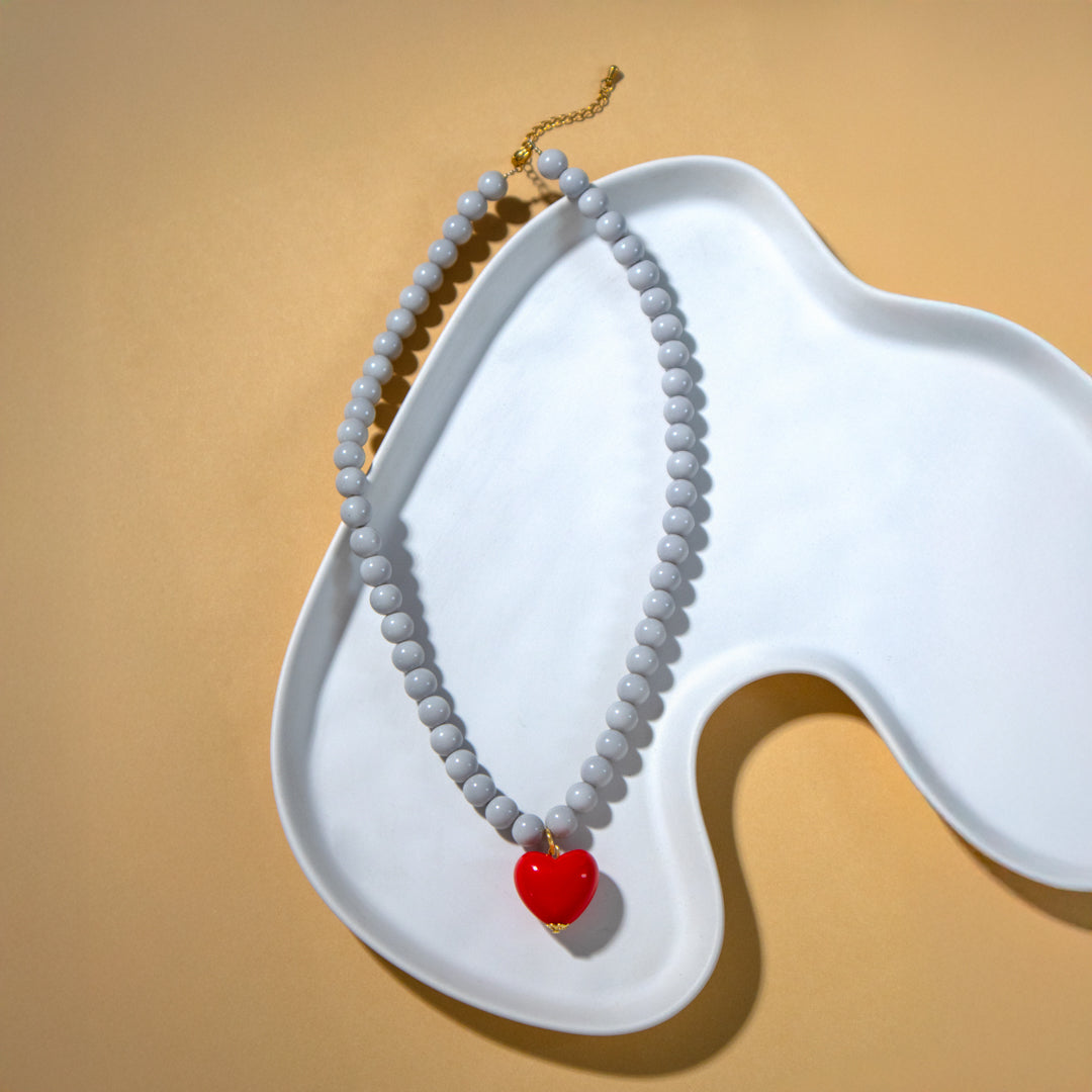 Pastel Grey Bead and Red Heart Necklace