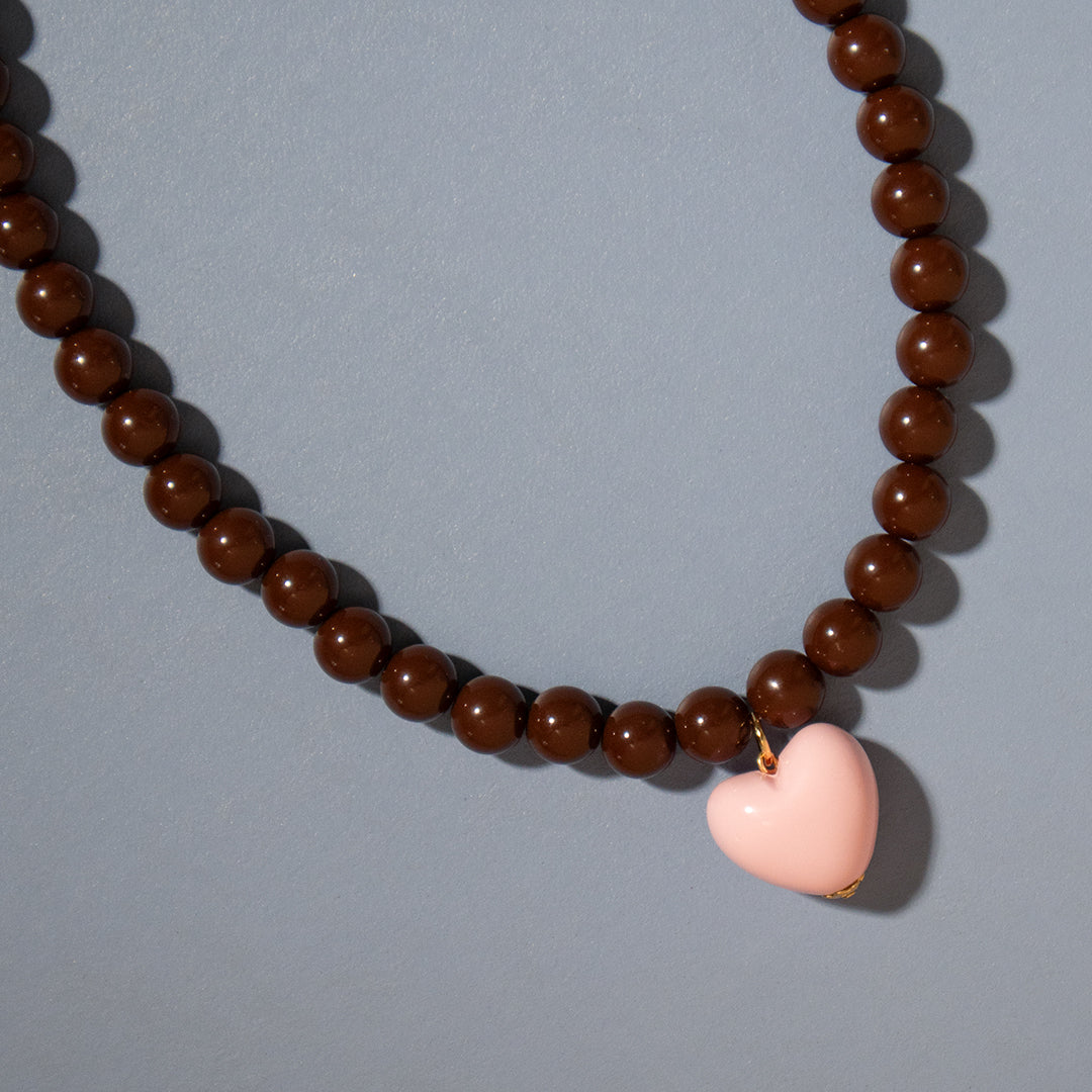 Chocolate Bead and Pink Heart Necklace