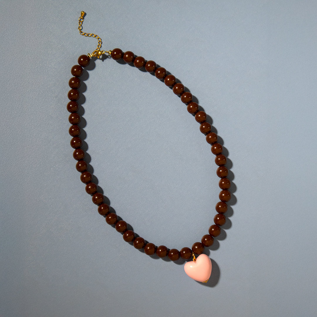 Chocolate Bead and Pink Heart Necklace