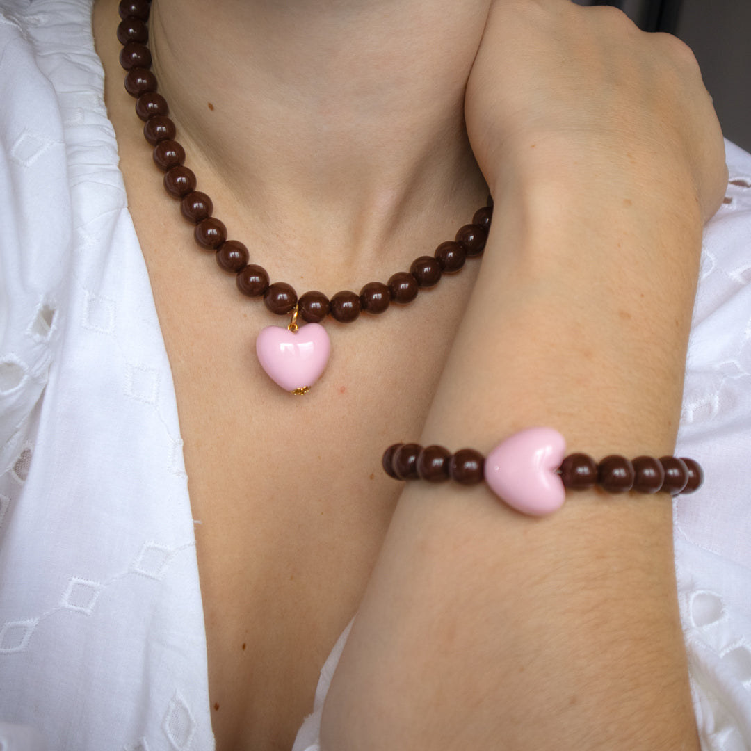 Chocolate Bead and Pink Heart Necklace