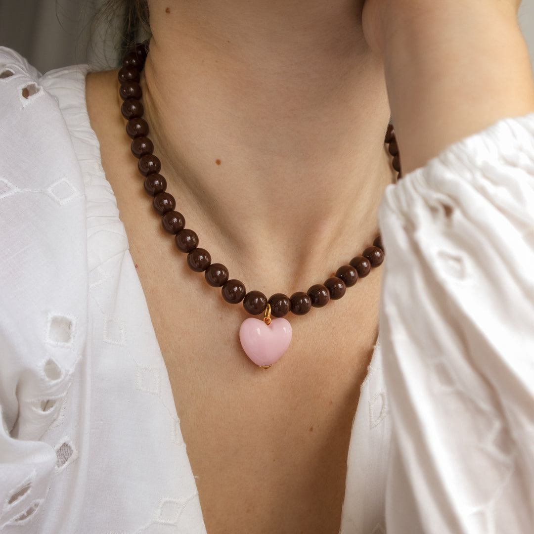 Chocolate Bead and Pink Heart Necklace