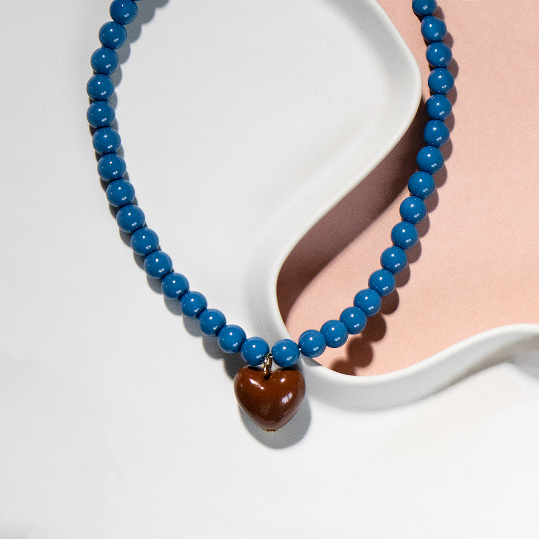 Peacock Blue Bead and Chocolate Heart Necklace
