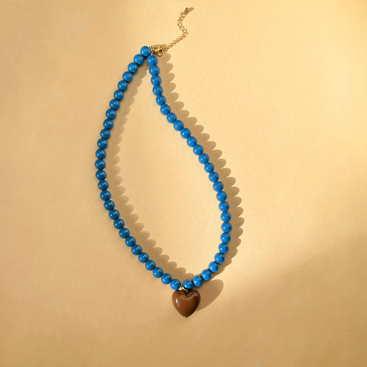 Peacock Blue Bead and Chocolate Heart Necklace
