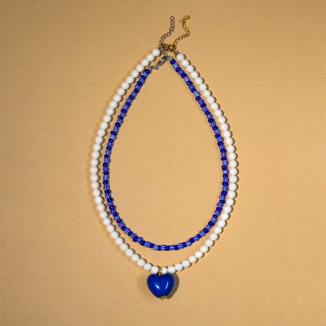 Cream and Blue Stripe Bead Necklace Set of 2