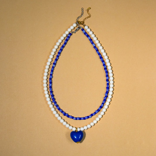 Cream and Blue Stripe Bead Necklace Set of 2