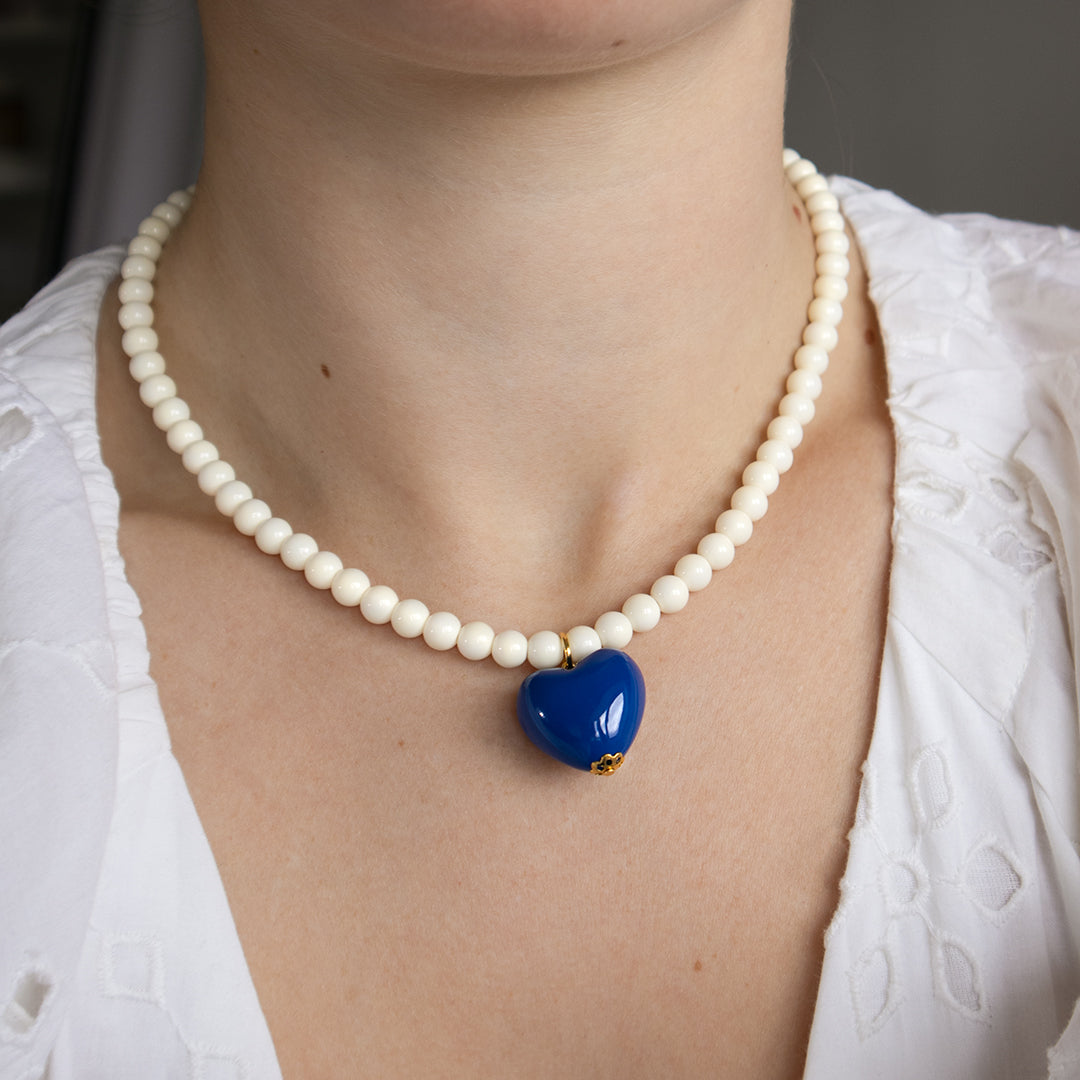 Cream and Blue Stripe Bead Necklace Set of 2