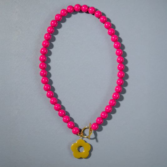 Barbie Pink Bead and Olive Flower Toggle Necklace