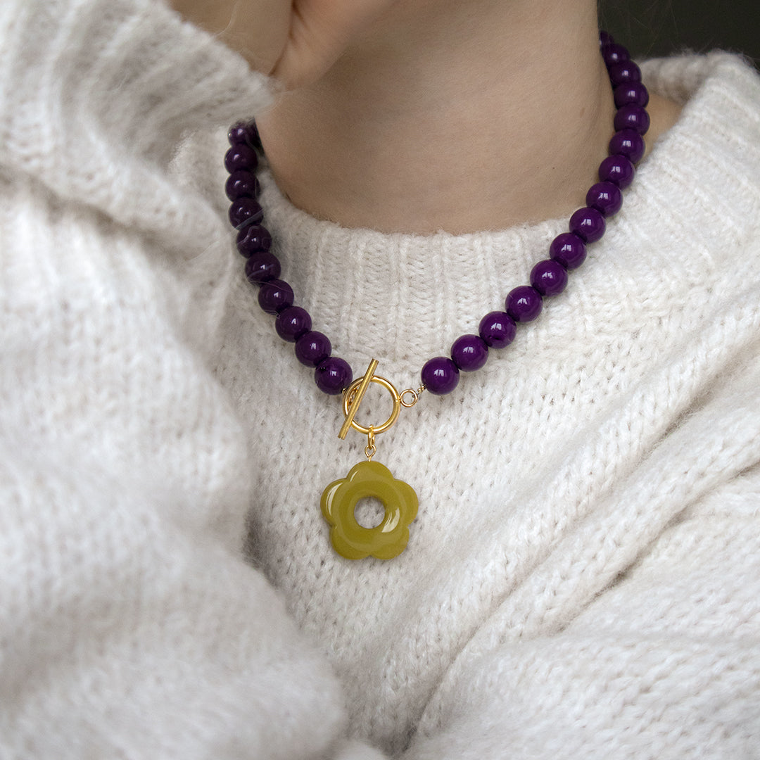 Aubergine Bead and Olive Flower Bracelet
