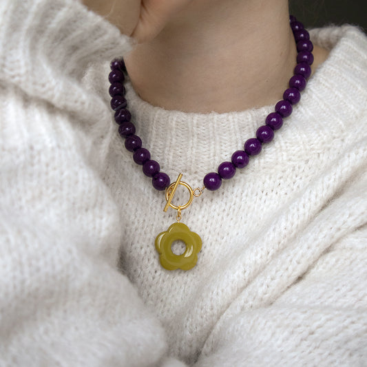 Aubergine Beads and Olive Flower Toggle Necklace