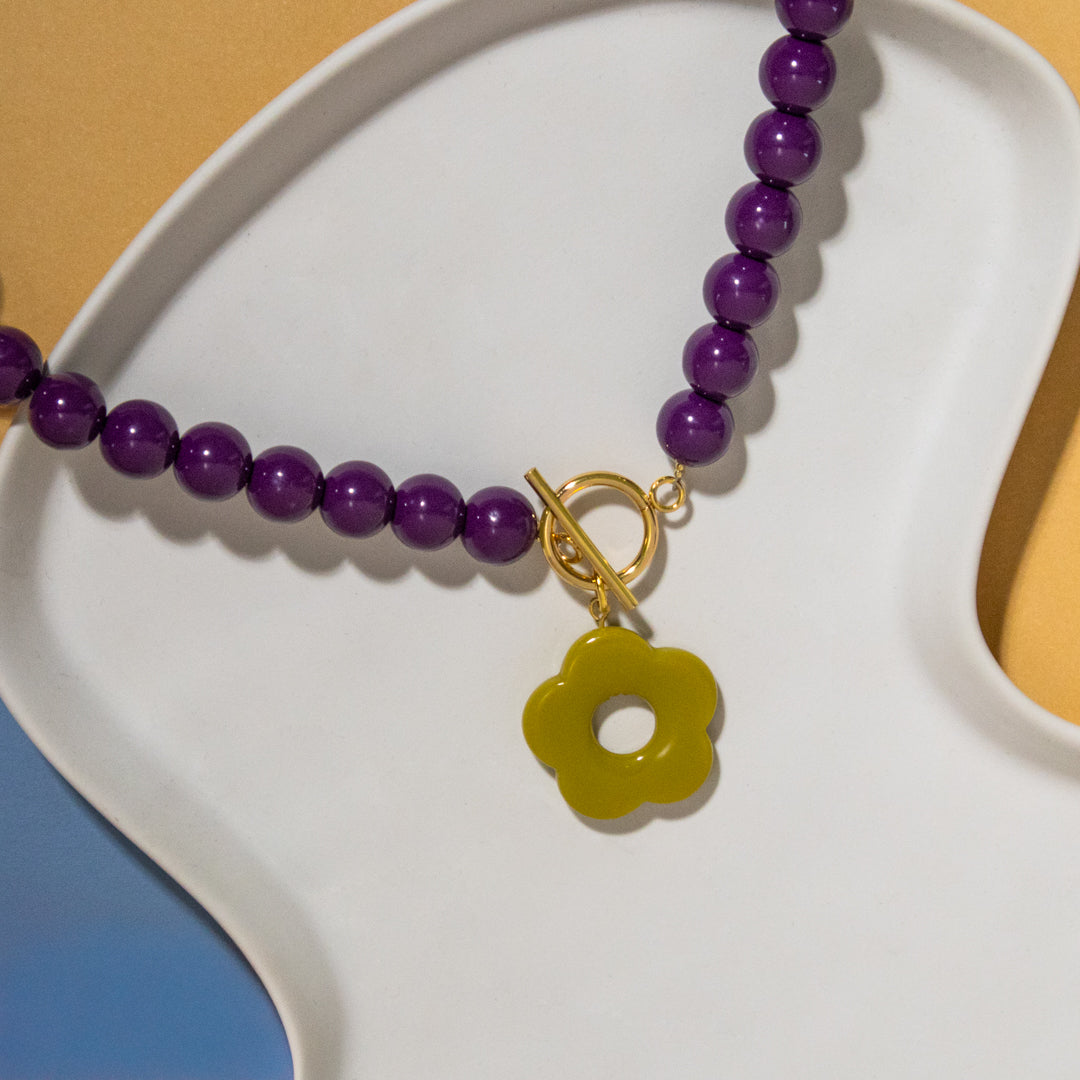 Aubergine Beads and Olive Flower Toggle Necklace