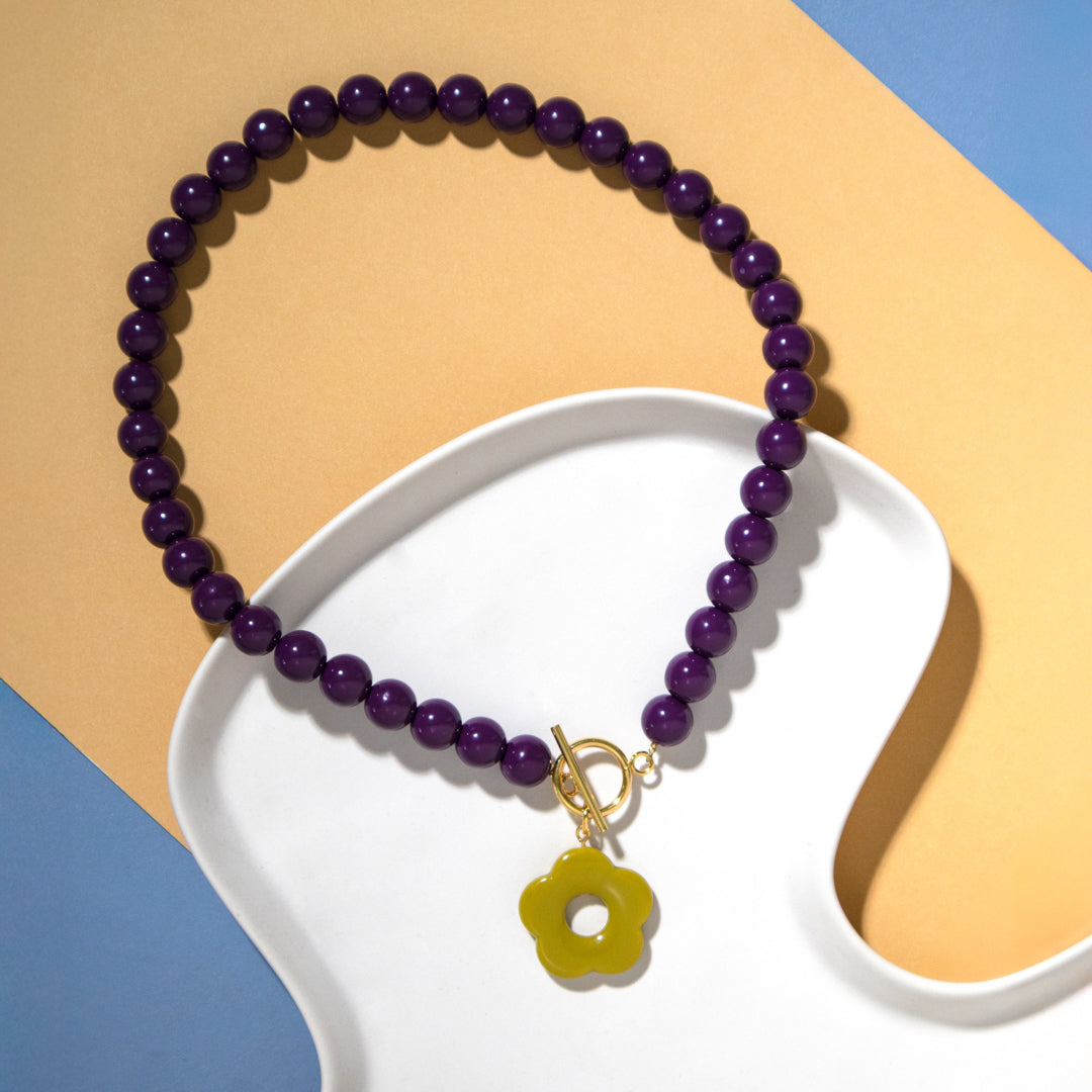 Aubergine Beads and Olive Flower Toggle Necklace