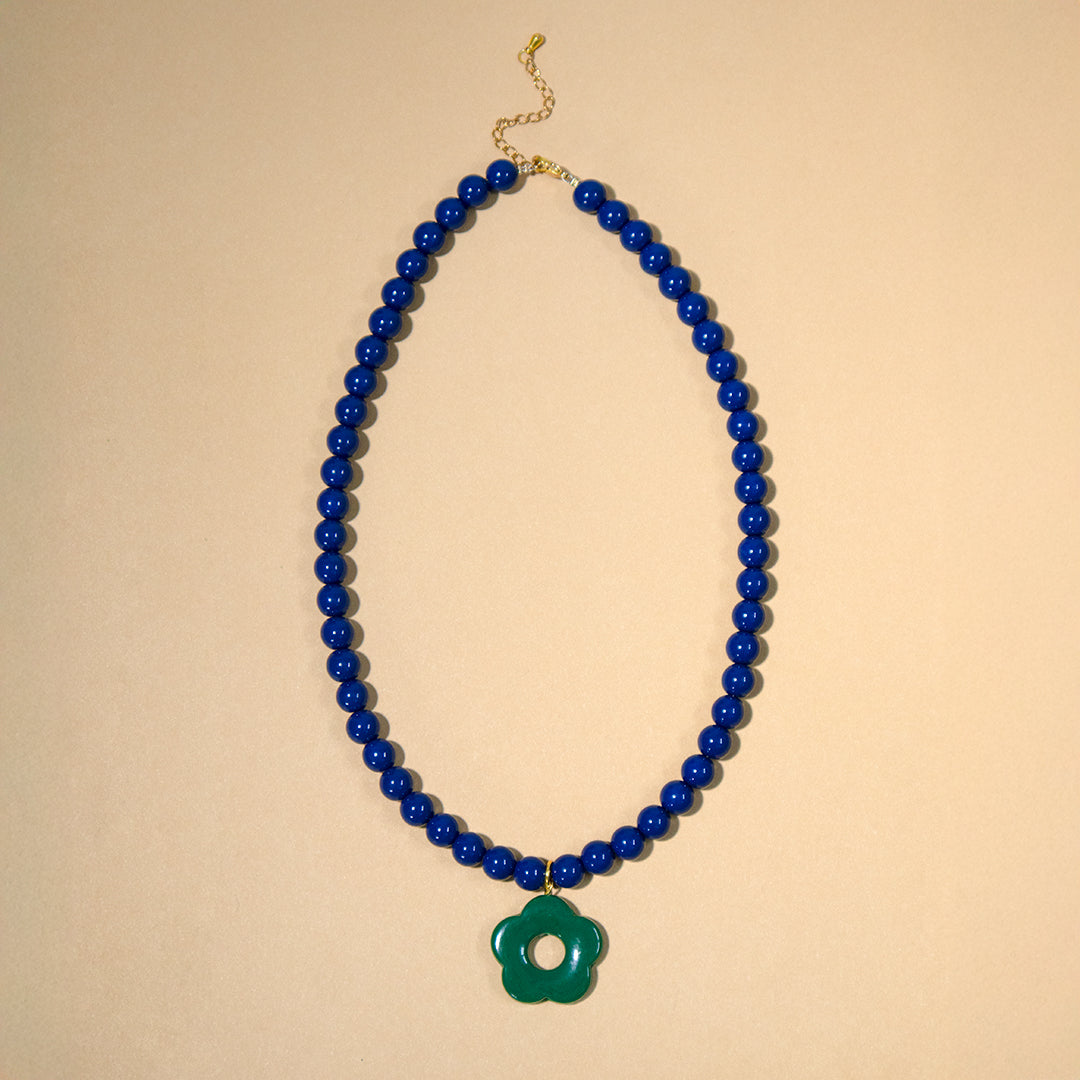Navy Bead and Forest Green Flower Toggle Necklace