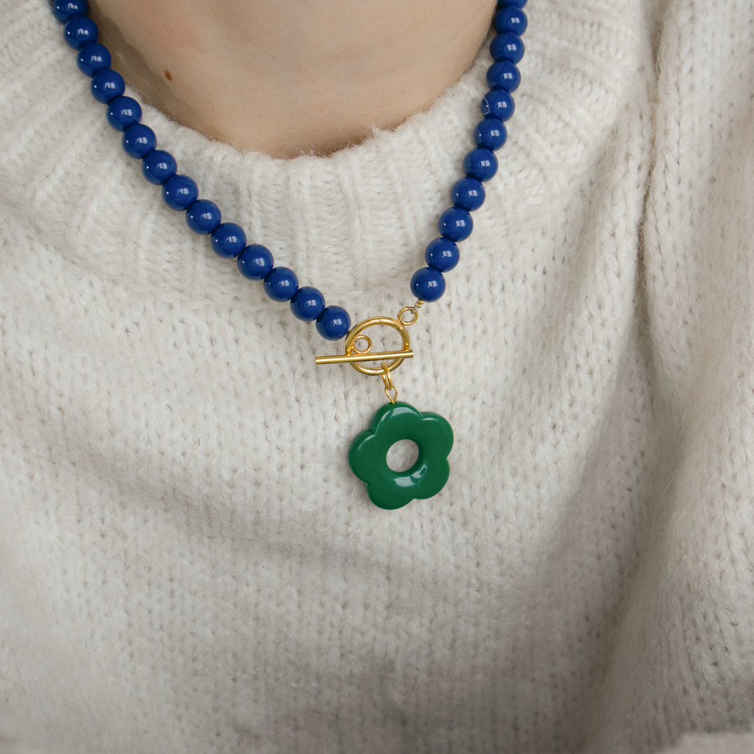 Navy Bead and Forest Green Flower Toggle Necklace