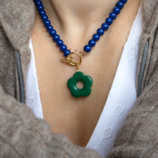 Navy Bead and Forest Green Flower Toggle Necklace