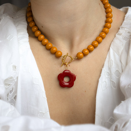 Mustard Bead and Cranberry Flower Toggle Necklace