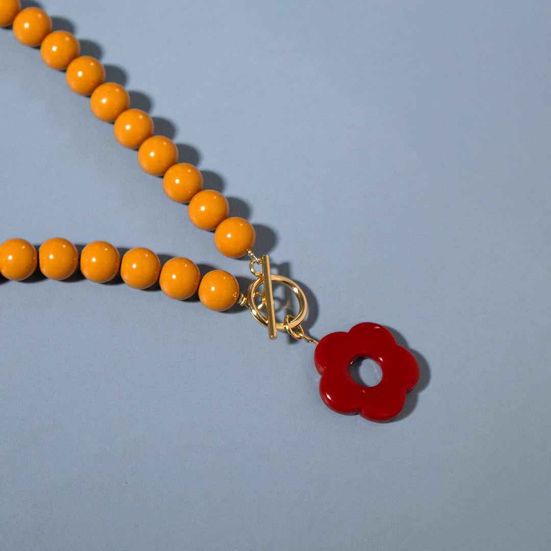 Mustard Bead and Cranberry Flower Toggle Necklace