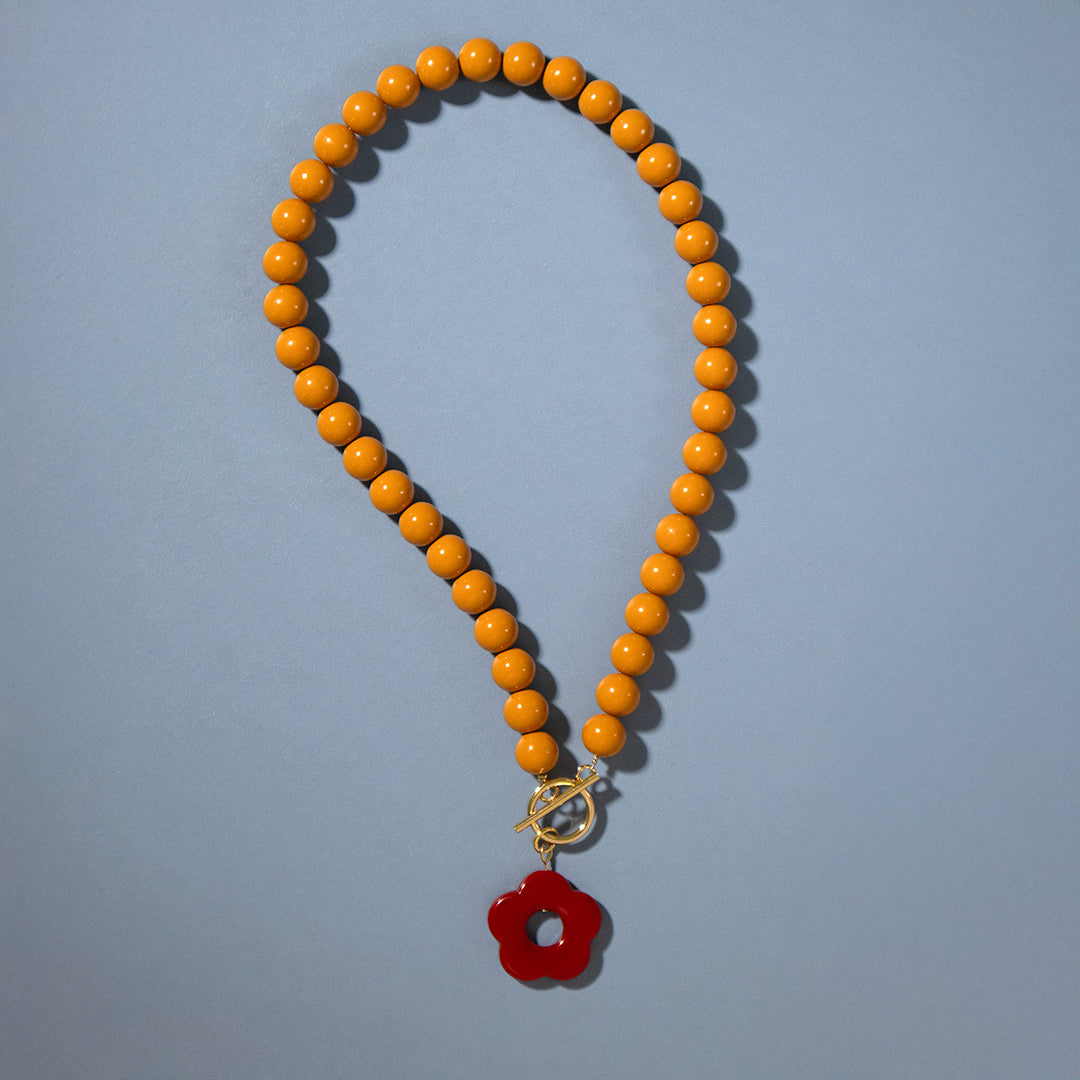 Mustard Bead and Cranberry Flower Toggle Necklace