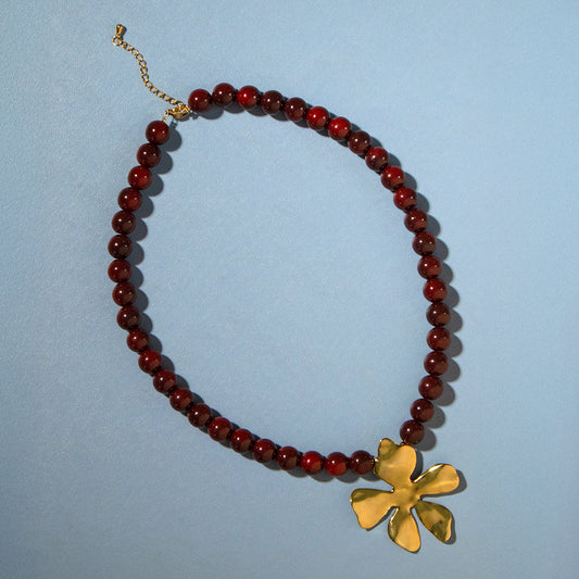 Red Wine Bead and Sculptural Flower Pendant Necklace