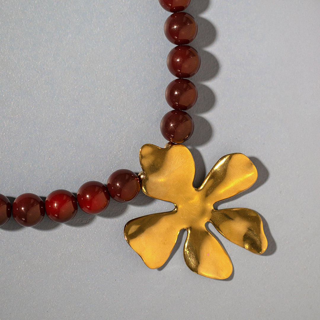 Red Wine Bead and Sculptural Flower Pendant Necklace